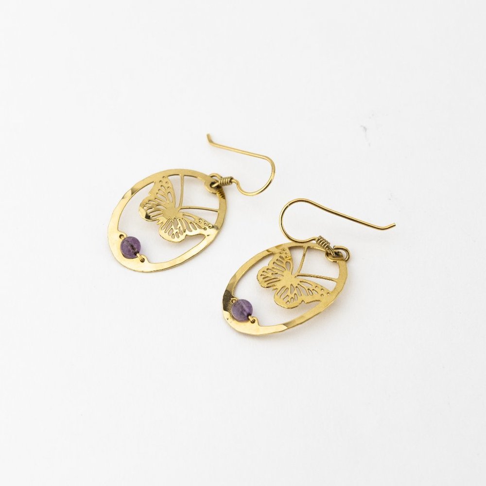 Butterfly in Circle Earrings, With an Amethyst Bead Perch